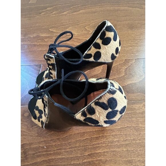 Via Spiga Leopard Fur Heels Peep Toe Heeled Boots Lace Up Black Leather Trim 6 M - Picture 2 of 7